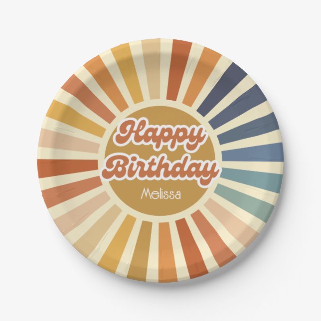 Colourful Retro Sun Groovy Wave Happy Birthday Paper Plate (Front)