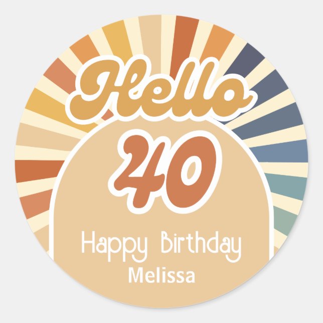 Colourful Retro Sun Groovy Wave Hello 40th Birthda Classic Round Sticker (Front)