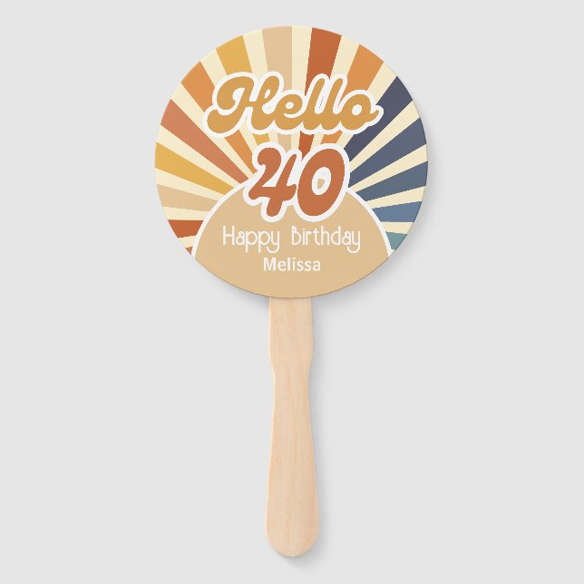 Colourful Retro Sun Groovy Wave Hello 40th Birthda Hand Fan (Front)