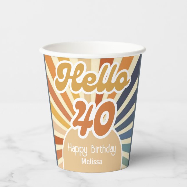 Colourful Retro Sun Groovy Wave Hello 40th Birthda Paper Cups (Front)