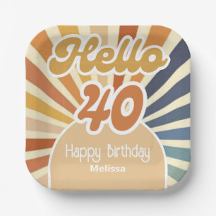 Colourful Retro Sun Groovy Wave Hello 40th Birthda Paper Plate
