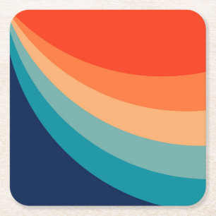 Colourful retro sun rays square paper coaster