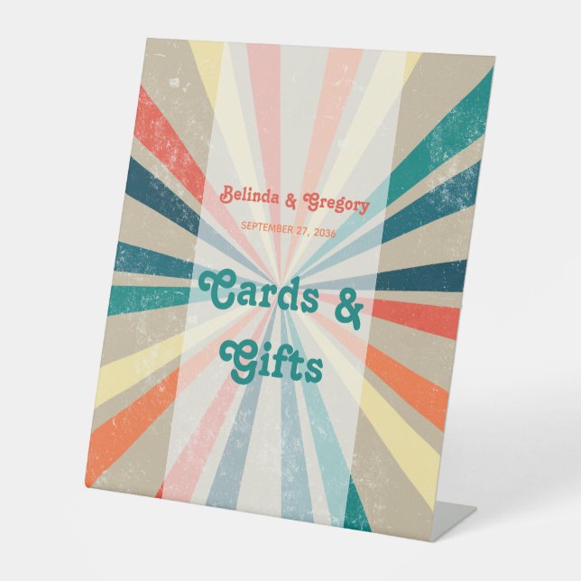 Colourful Retro Sunburst Wedding Cards Gifts Pedestal Sign (Front)