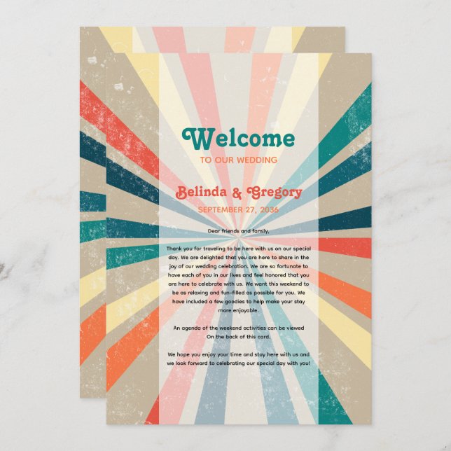 Colourful Retro Sunburst Wedding Itinerary Program (Front/Back)