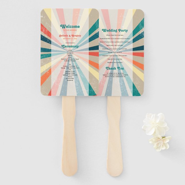 Colourful Retro Sunburst Wedding Program Hand Fan (Front and Back)