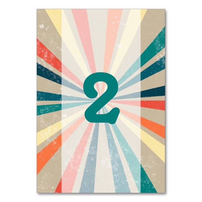 Colourful Retro Sunburst Wedding Table Number (Front)