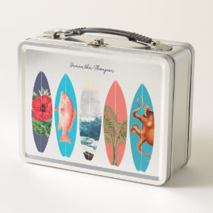 Colourful Retro Surfboards Pattern Custom Name Metal Lunch Box