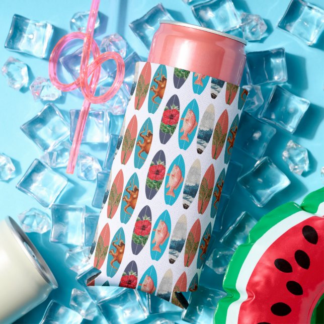 Colourful Retro Surfboards Pattern Seltzer Can Cooler (In Situ Summer)