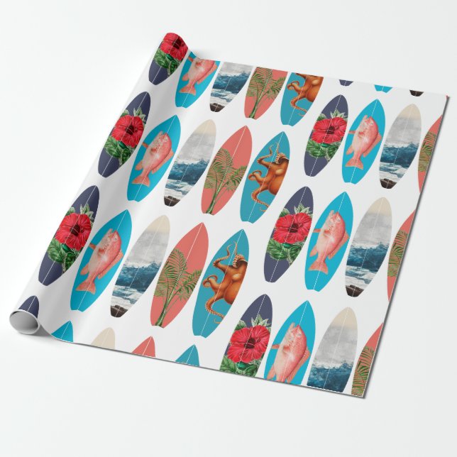 Colourful Retro Surfboards Pattern Wrapping Paper (Unrolled)