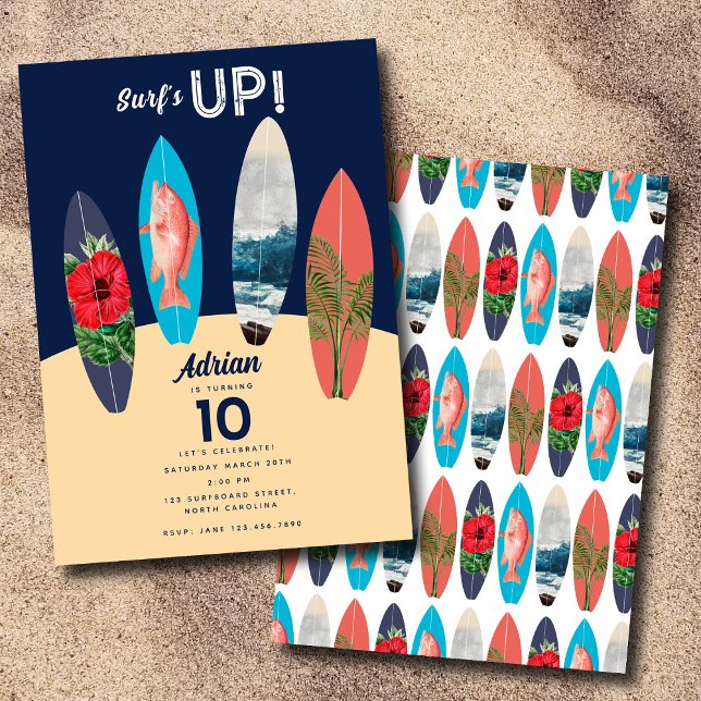 Colourful Retro Surfboards Surfs Up Birthday Party Invitation (Colorful Retro Surfboards Surfs Up Birthday Party Invitation)
