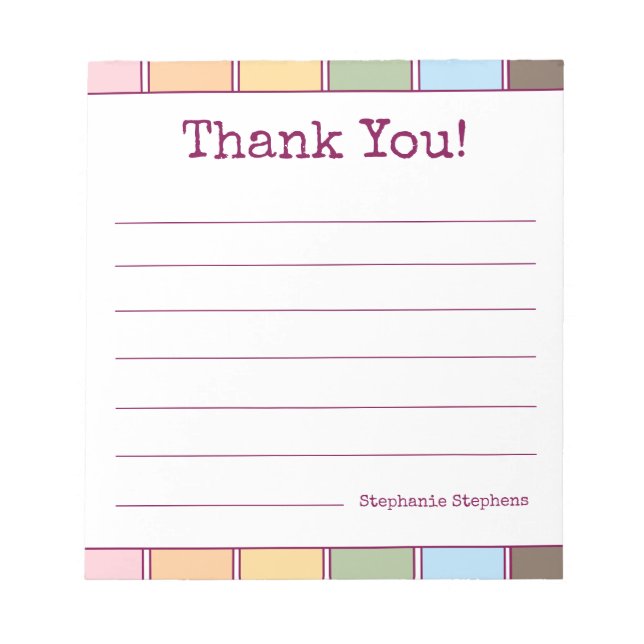 Colourful Retro Thank You Your Name Lined  Notepad (Front)