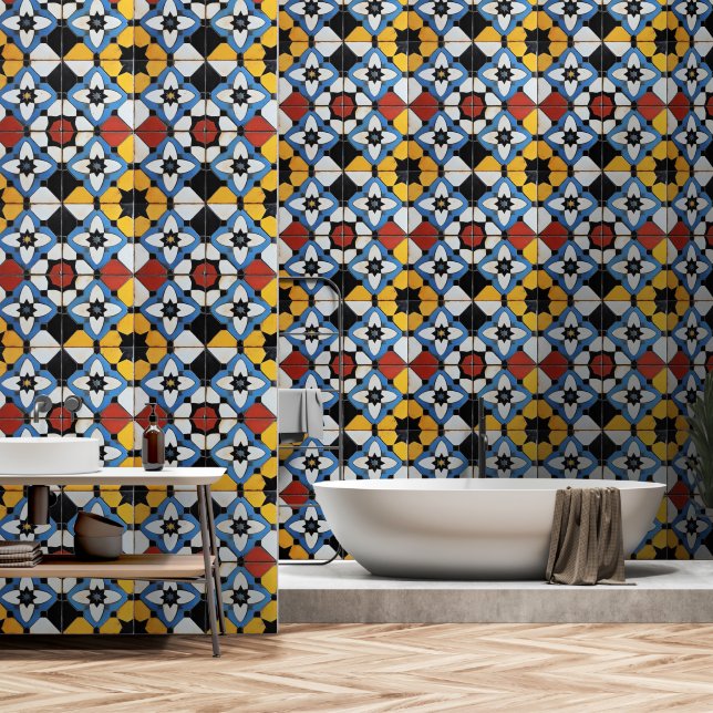 Colourful Retro Tile Style Wallpaper (Bathroom)