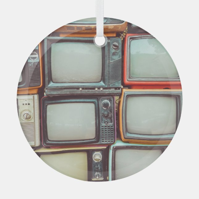 Colourful retro TV pile, vintage. Glass Ornament (Front)