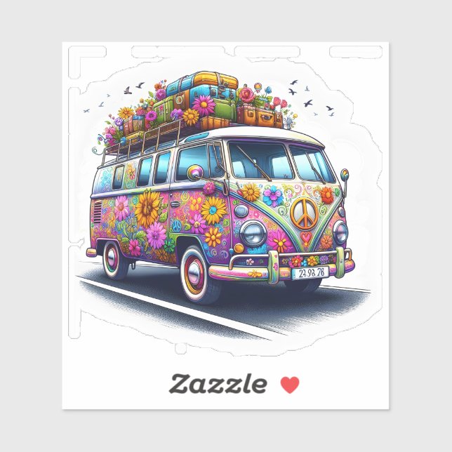 Colourful Retro Van With Stickers & Flowers (Sheet)