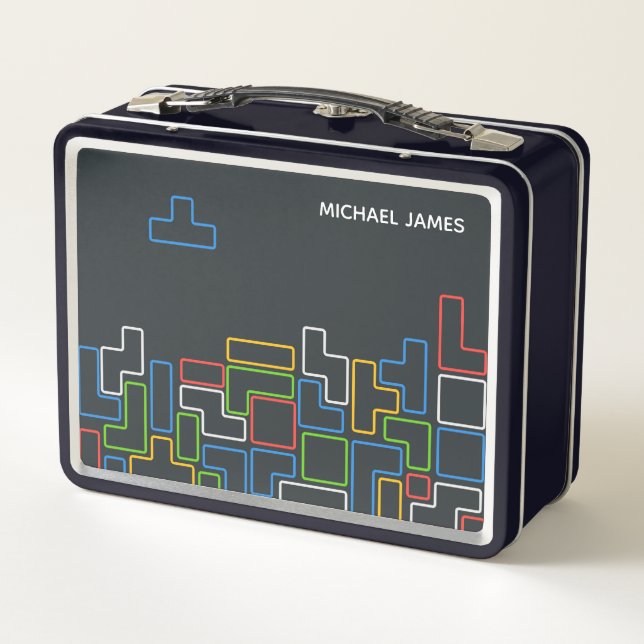 Colourful Retro Video Game Gamer Personalized Name Metal Lunch Box (Back)
