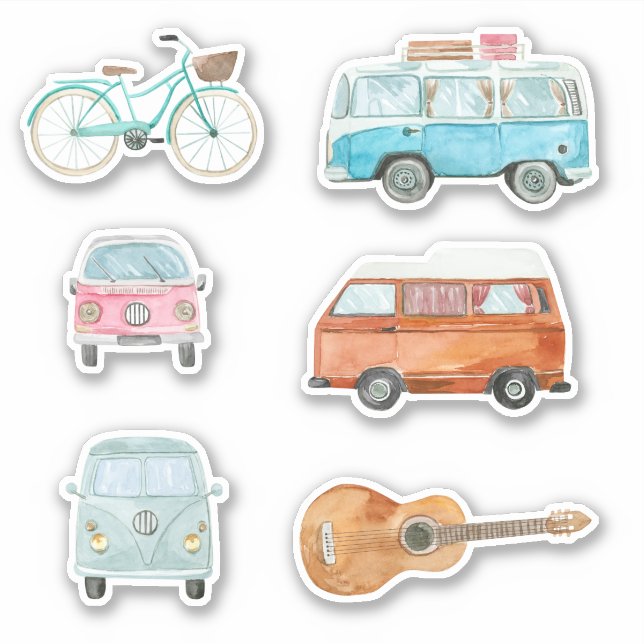 Colourful Retro Watercolor Van Bicycle Guitar (Front)