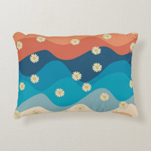 Colourful Retro Waves & Daisies Pattern Accent Pillow
