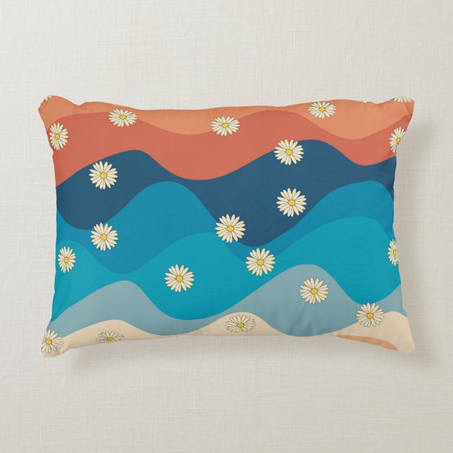 Colourful Retro Waves & Daisies Pattern Accent Pillow (Front)