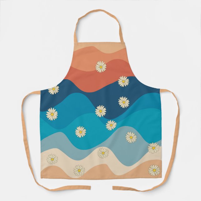 Colourful Retro Waves & Daisies Pattern  Apron (Front)