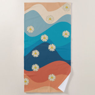 Colourful Retro Waves & Daisies Pattern Beach Towel