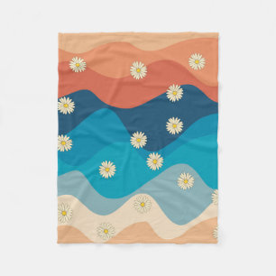 Colourful Retro Waves & Daisies Pattern  Fleece Blanket