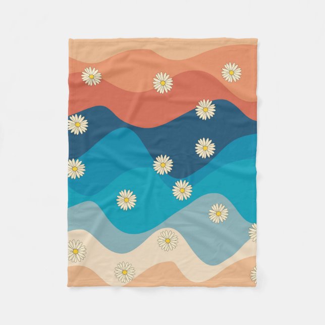 Colourful Retro Waves & Daisies Pattern  Fleece Blanket (Front)