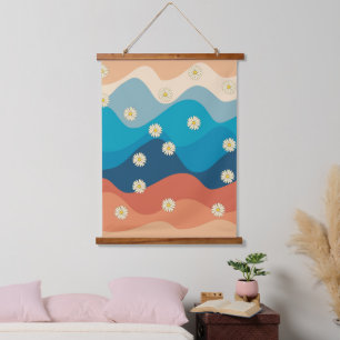 Colourful Retro Waves & Daisies Pattern Hanging Tapestry