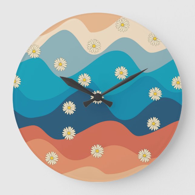 Colourful Retro Waves & Daisies Pattern  Large Clock (Front)