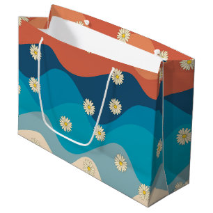 Colourful Retro Waves & Daisies Pattern Large Gift Bag