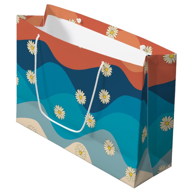 Colourful Retro Waves & Daisies Pattern Large Gift Bag (Front Angled)