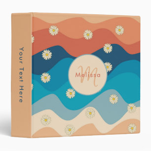 Colourful Retro Waves & Daisies Pattern Monogram  Binder