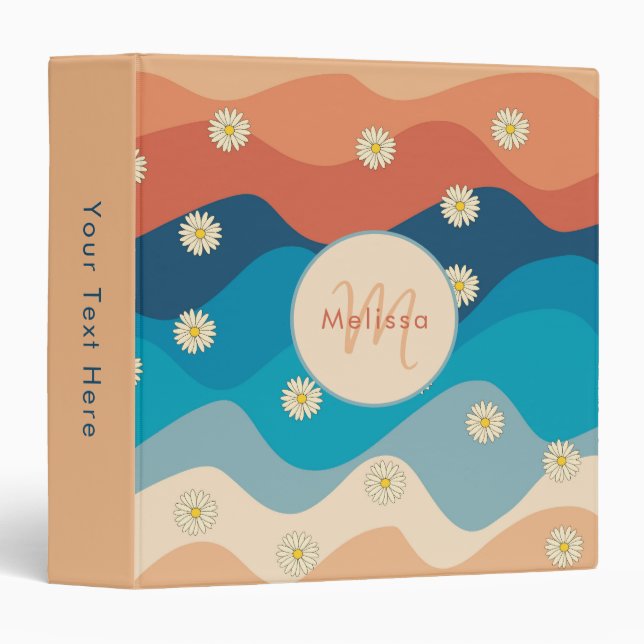 Colourful Retro Waves & Daisies Pattern Monogram  Binder (Front/Spine)