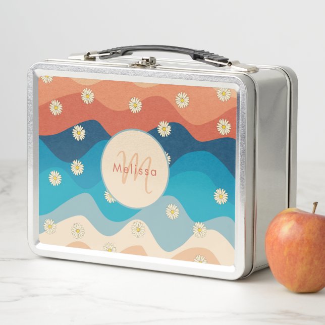 Colourful Retro Waves & Daisies Pattern Monogram  Metal Lunch Box (In Situ)