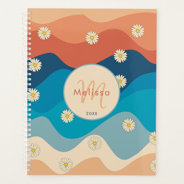 Colourful Retro Waves & Daisies Pattern Monogram Planner (Front)