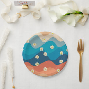 Colourful Retro Waves & Daisies Pattern Paper Plate
