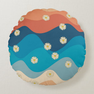Colourful Retro Waves & Daisies Pattern Round Pillow