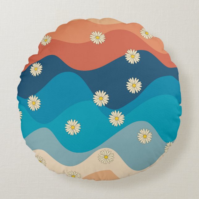 Colourful Retro Waves & Daisies Pattern Round Pillow (Front)