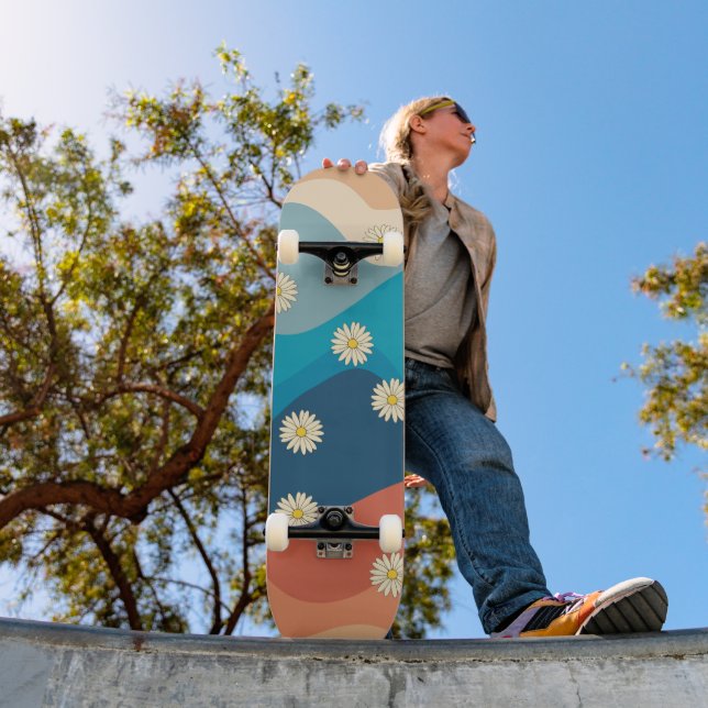 Colourful Retro Waves & Daisies Pattern Skateboard (Outdoor 1)