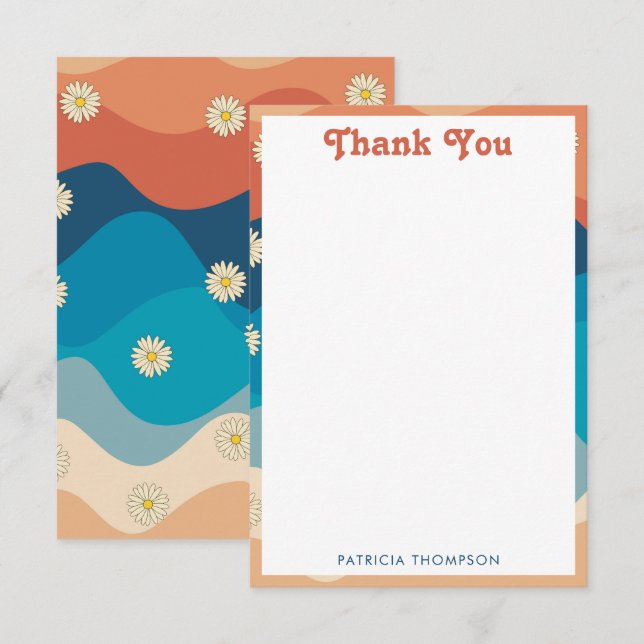 Colourful Retro Waves & Daisies Pattern  Thank You Card (Front/Back)