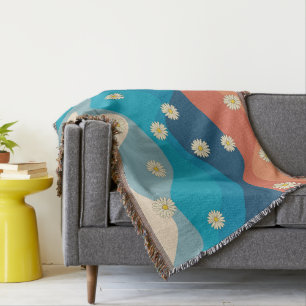 Colourful Retro Waves & Daisies Pattern  Throw Blanket