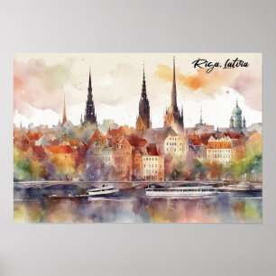 Colourful Riga Latvia Baltic Watercolor Poster