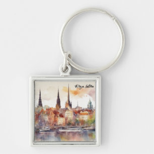 Colourful Riga Latvia Watercolor City View Keychain