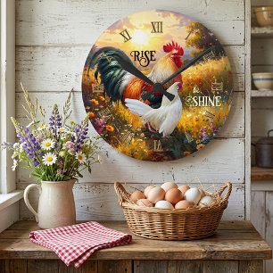 Colourful Rise and Shine Rooster Round Clock