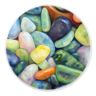 Colourful River Pebbles Abstract Nature Watercolor Ceramic Knob