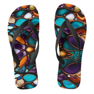 Colourful River Rock Pebbles in Stained Glass Look Flip Flops