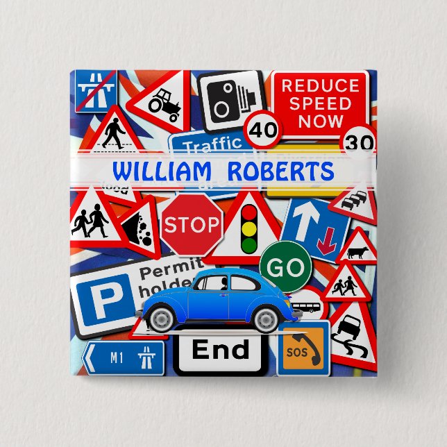 Colourful Road Signs, and Automobile Custom Name B 2 Inch Square Button (Front)