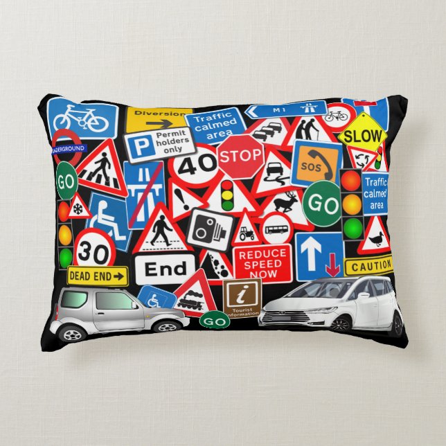 Colourful Road Signs and Cars Accent Pillow (Front)