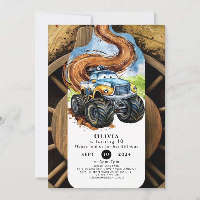 Colourful Road Wheels Monster Truck Birthday Invitation (Front)