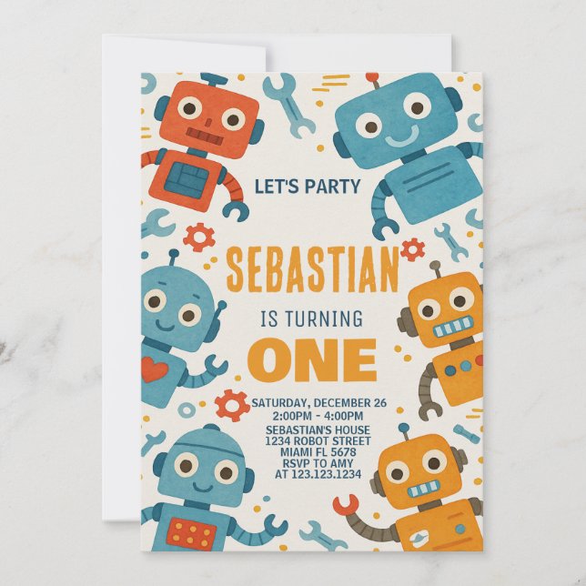 Colourful Robot Birthday Invitation for Kids (Front)