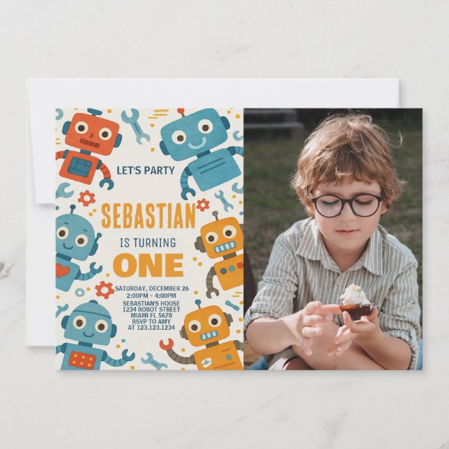 Colourful Robot Birthday Invitation for Kids (Front)